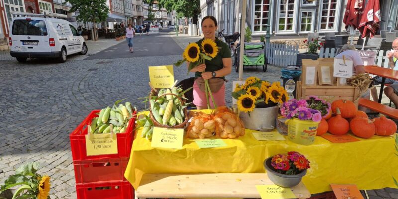 Birte Wirxel aus Großenenglis bringt mit Zuckermais, Kürbissen, Melonen und Feldblumen frische Vielfalt auf den Bartenwetzer Wochenmarkt.
